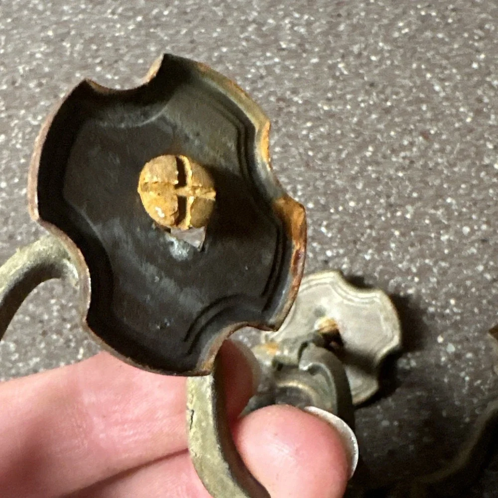 Set 3 VTG Antique Brass Drop Bail Drawer Pulls w Backplates 2.25